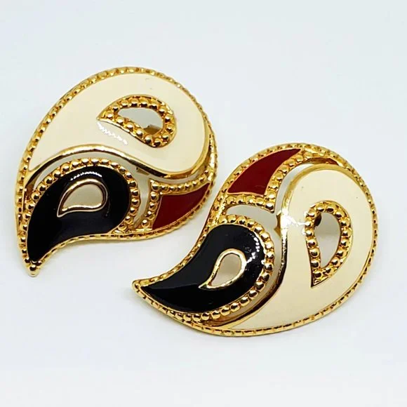 Vintage AVON Contrast Kaleidoscope Red Black Cream Enamel Gold Pierced Earrings - Picture 5 of 10